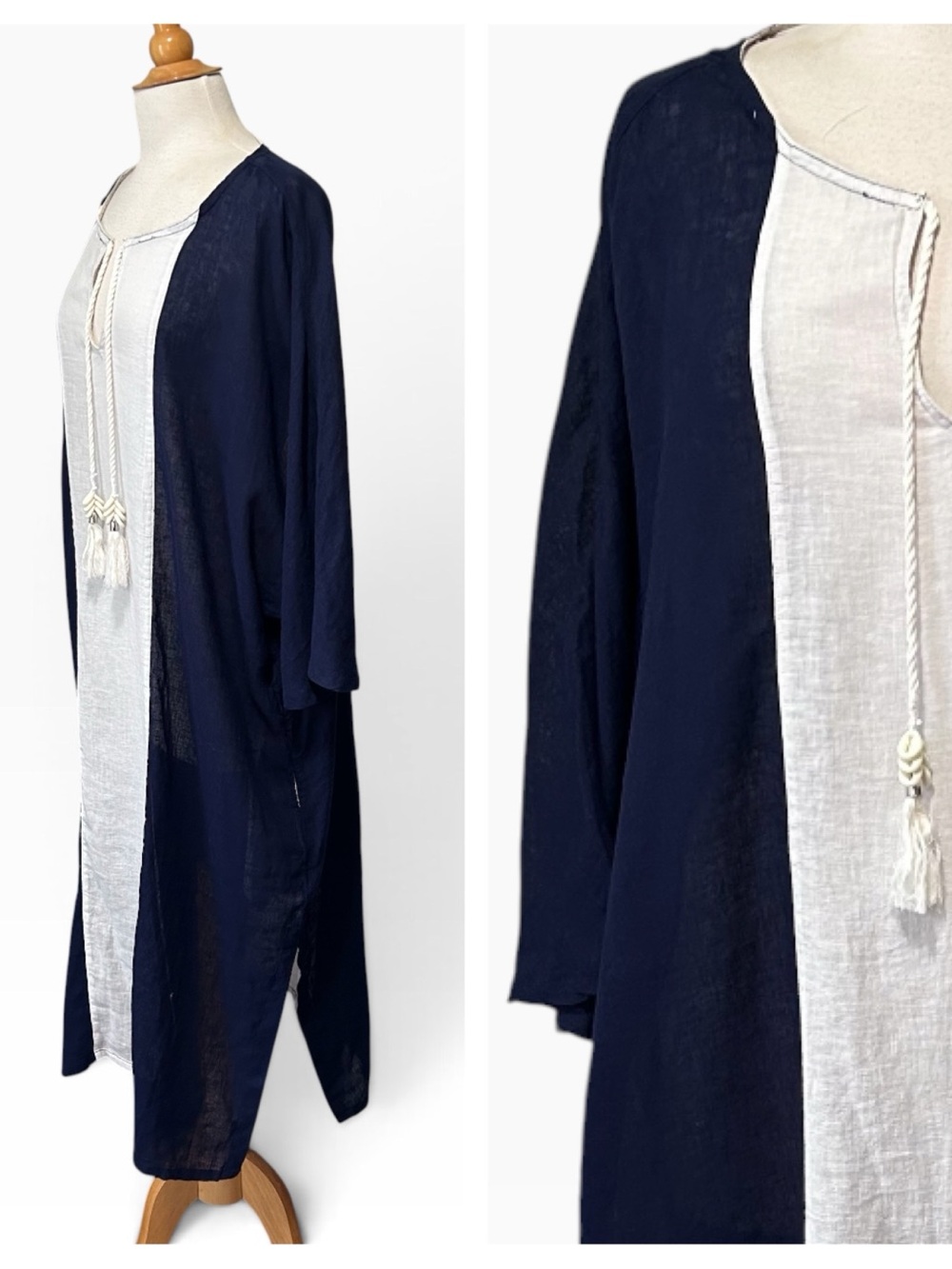 NWT Sigrid Olson Linen Blend Navy & Ivory Tunic Caftan Beach Cover-up - XL - Picture 3 of 10